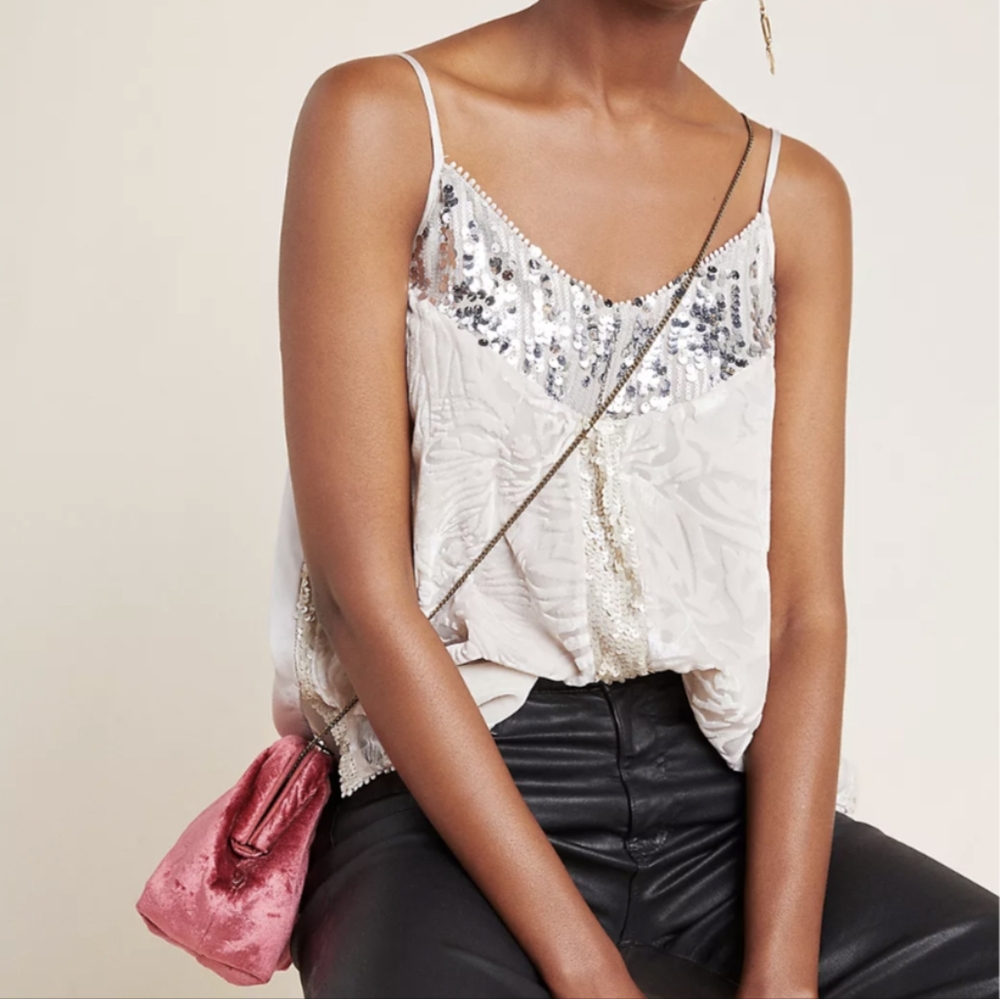 Tiny Marianne Silver Sequined Velvet Adjustable Strap Camisole Top Size XS